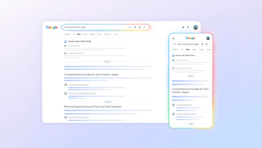 Google 推出 Web Guide:AI 重新组织搜索结果的新实验功能 | SeekSEM web guide 搜索结果显示布局